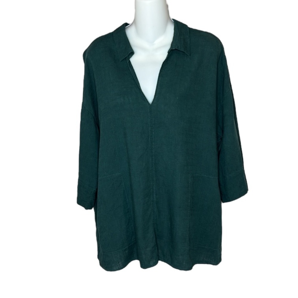 Gerry Weber Pine Green Linen Blend Polo Top Pockets 3/4 Sleeve US Size 14